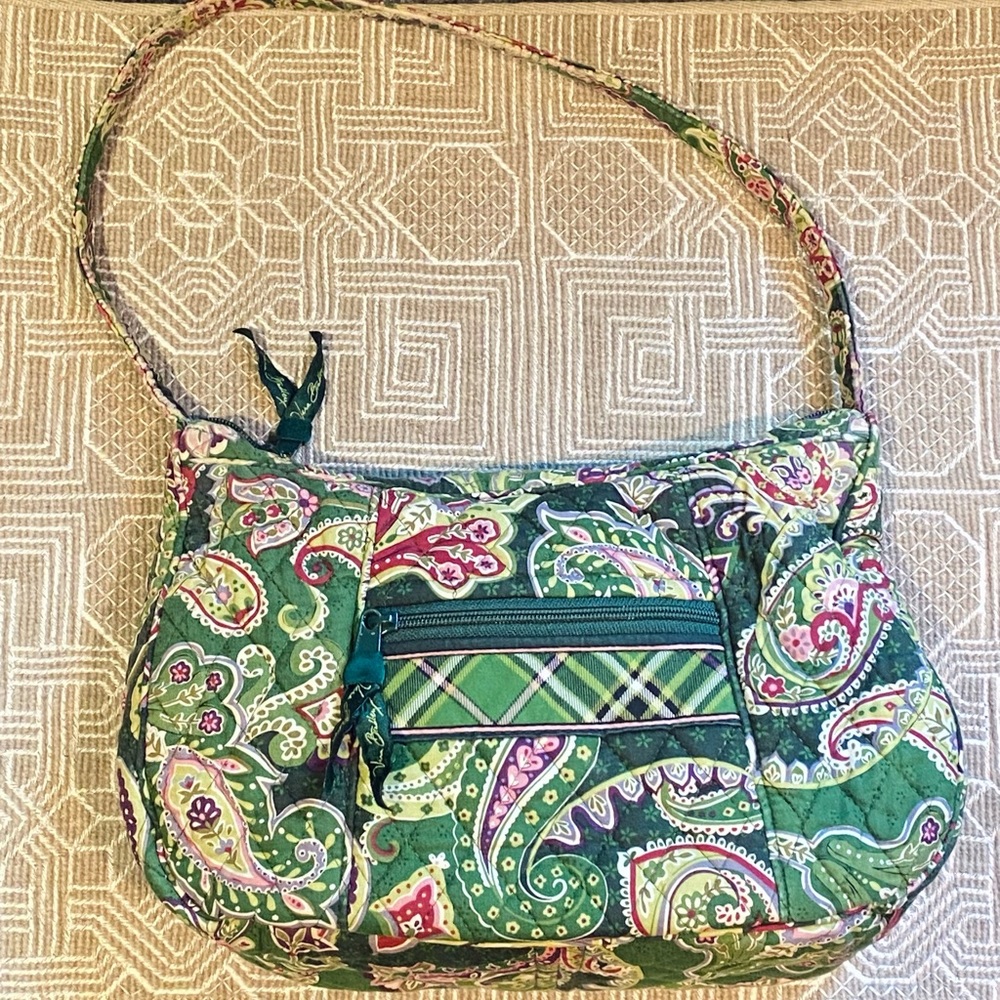 Retired Paisley + Plaid Emerald Green One Strap Shoulder Bag w/ Front Pocket